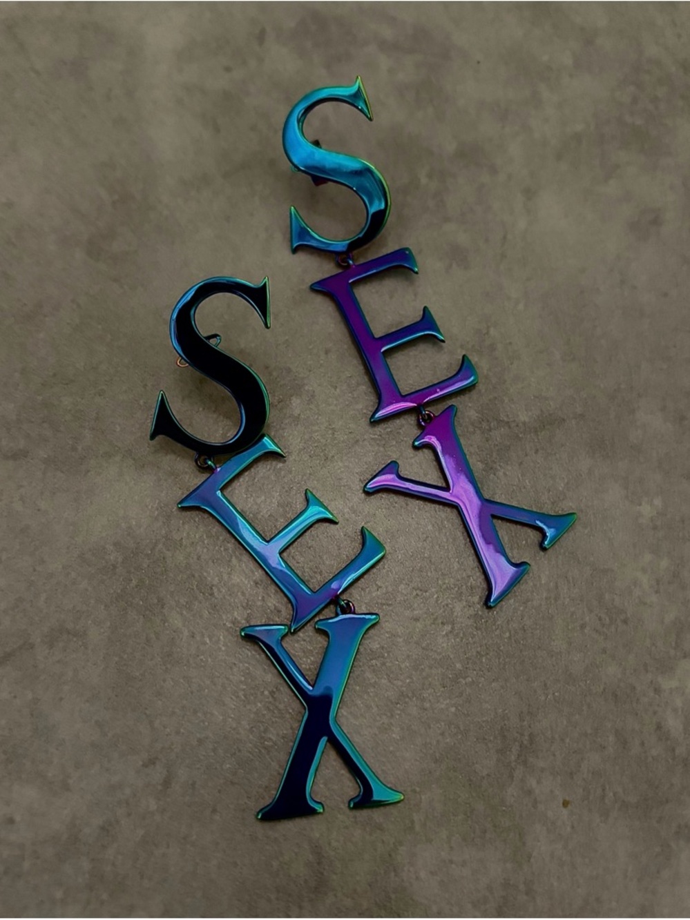 Vivienne Westwood Iridescent Blue Purple SEX Drop Earrings